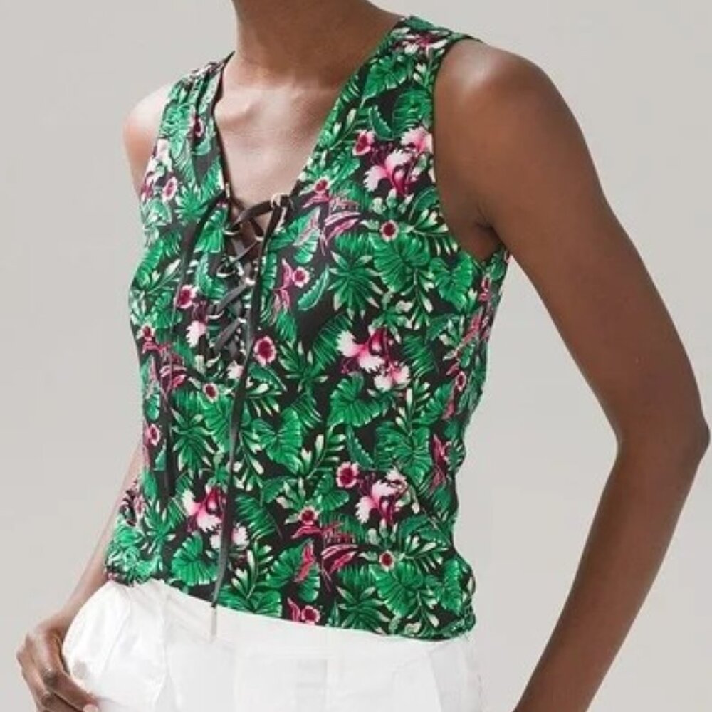 WHITE HOUSE BLACK MARKET MATTE JERSEY TROPICAL FLORAL LACE UP TANK NEW XS